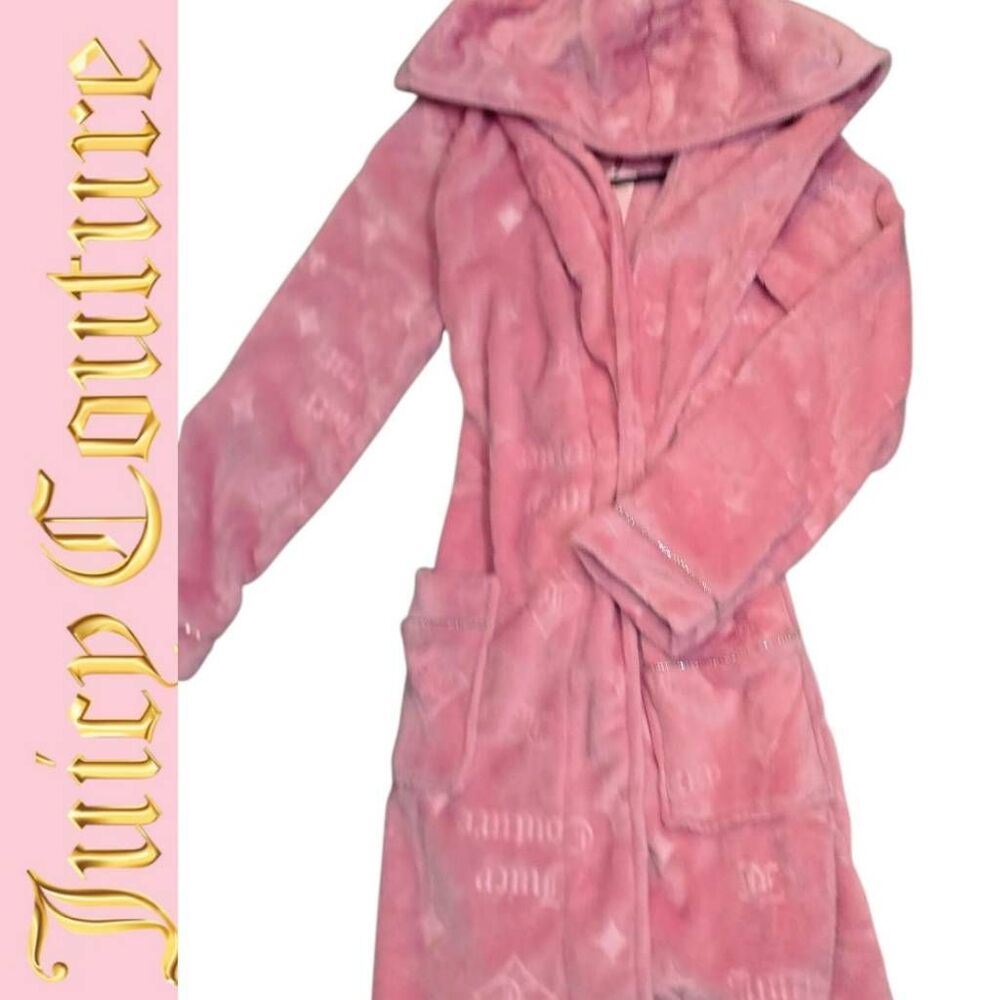 Juicy‎ Couture Logo Embossed Rhinestone Outlined Plush Hooded Robe